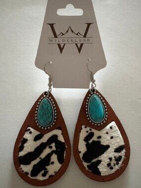 Wilderland Genuine Cowhide & Wood Teardrop Western Earrings NWT